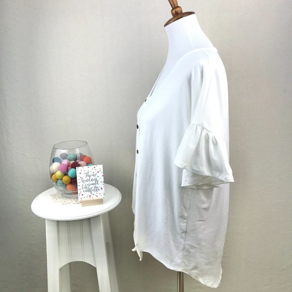 Reborn J White Button Up Tie Front Ruffle Short Sleeve Top - Picture 5 of 14